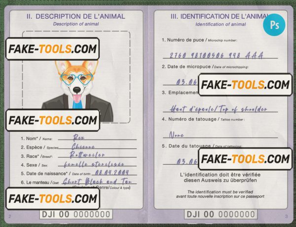 Djibouti dog (animal, pet) passport PSD template, completely editable scan effect