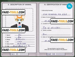 Dominica dog (animal, pet) passport PSD template, fully editable