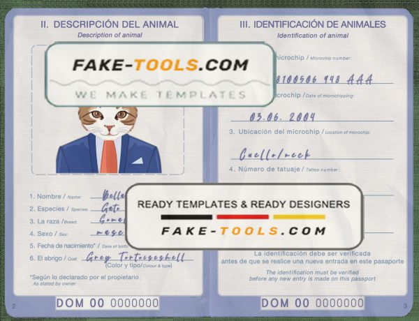Dominican Republic cat (animal, pet) passport PSD template, fully editable scan effect