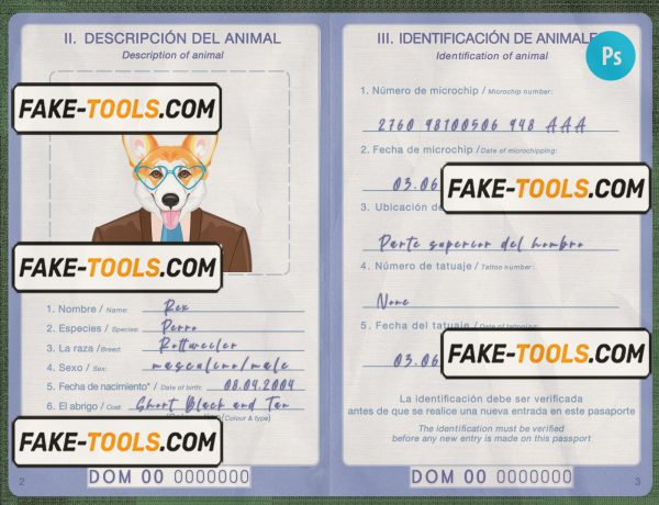 Dominican Republic dog (animal, pet) passport PSD template, fully editable scan effect