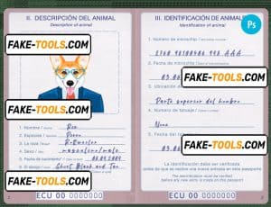 Ecuador dog (animal, pet) passport PSD template, fully editable