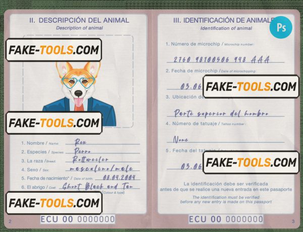 Ecuador dog (animal, pet) passport PSD template, fully editable scan effect