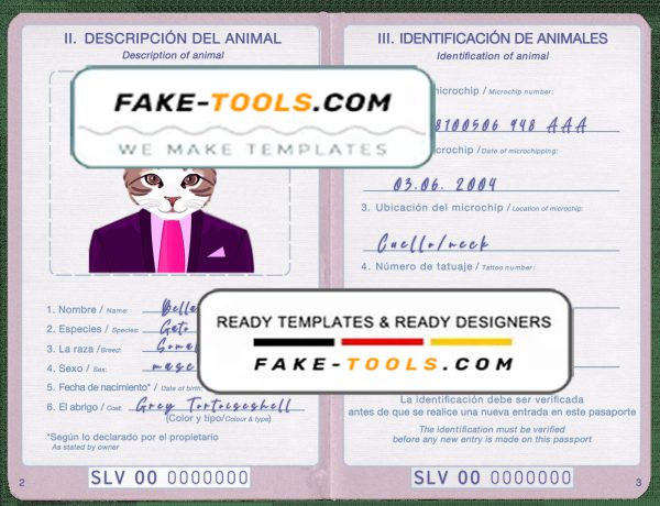 El Salvador cat (animal, pet) passport PSD template, fully editable