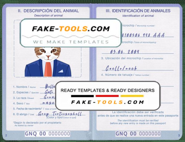 Equatorial Guinea cat (animal, pet) passport PSD template, fully editable