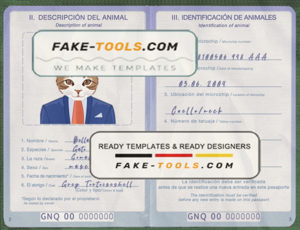 Equatorial Guinea cat (animal, pet) passport PSD template, fully editable scan effect