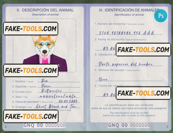Equatorial Guinea dog (animal, pet) passport PSD template, fully editable scan effect