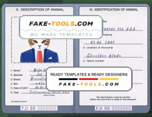 Fiji cat (animal, pet) passport PSD template, completely editable