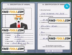 Fiji dog (animal, pet) passport PSD template, completely editable