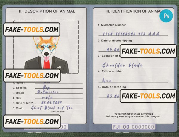 Fiji dog (animal, pet) passport PSD template, completely editable scan effect