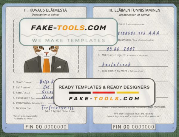 Finland cat (animal, pet) passport PSD template, completely editable scan effect