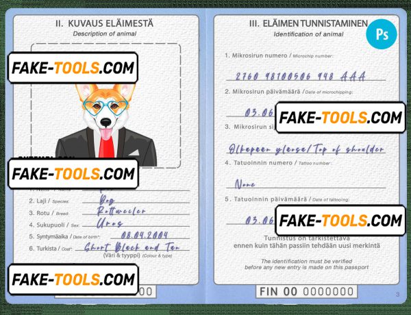Finland dog (animal, pet) passport PSD template, fully editable