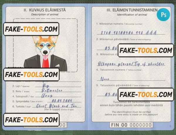 Finland dog (animal, pet) passport PSD template, fully editable scan effect