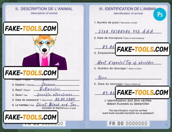 France dog (animal, pet) passport PSD template, completely editable