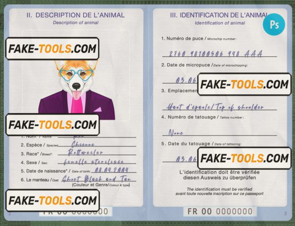 France dog (animal, pet) passport PSD template, completely editable scan effect