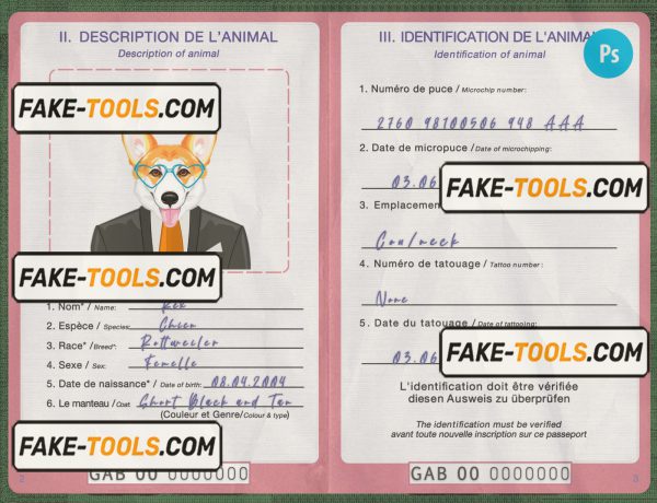 Gabon dog (animal, pet) passport PSD template, completely editable scan effect