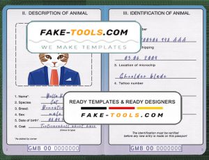 Gambia cat (animal, pet) passport PSD template, completely editable