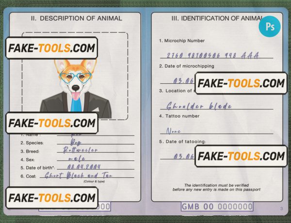 Gambia dog (animal, pet) passport PSD template, fully editable scan effect
