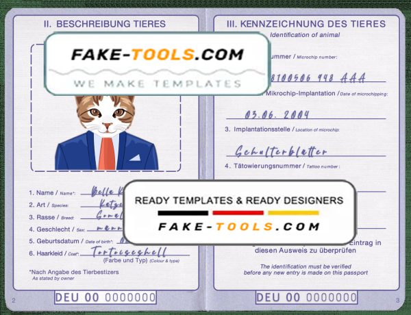 Germany cat (animal, pet) passport PSD template, completely editable