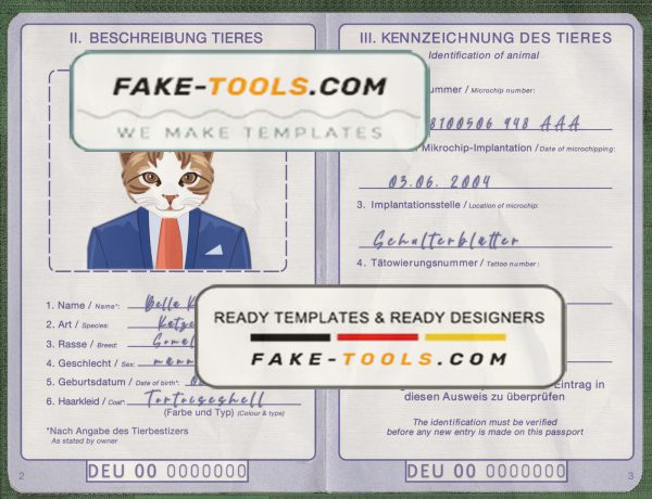 Germany cat (animal, pet) passport PSD template, completely editable scan effect