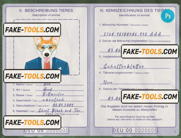 Germany dog (animal, pet) passport PSD template, fully editable scan effect