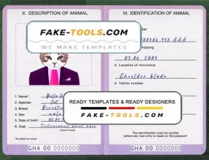 Ghana cat (animal, pet) passport PSD template, completely editable