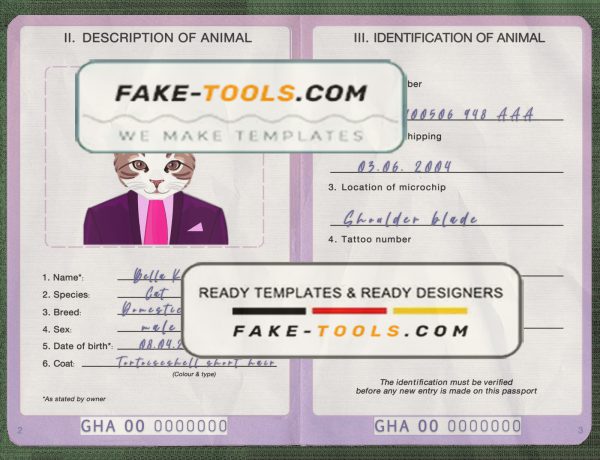 Ghana cat (animal, pet) passport PSD template, completely editable scan effect