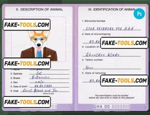 Ghana dog (animal, pet) passport PSD template, fully editable