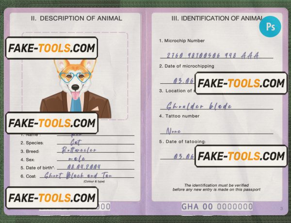 Ghana dog (animal, pet) passport PSD template, fully editable scan effect