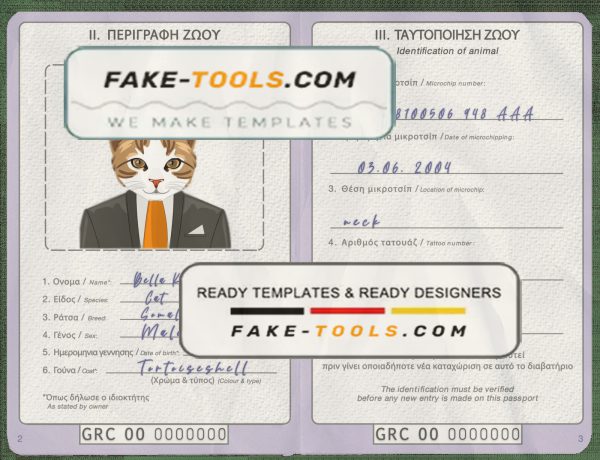 Greece cat (animal, pet) passport PSD template, fully editable scan effect