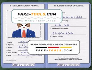 Grenada cat (animal, pet) passport PSD template, fully editable