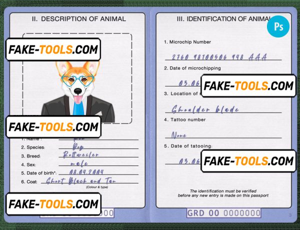 Grenada dog (animal, pet) passport PSD template, fully editable
