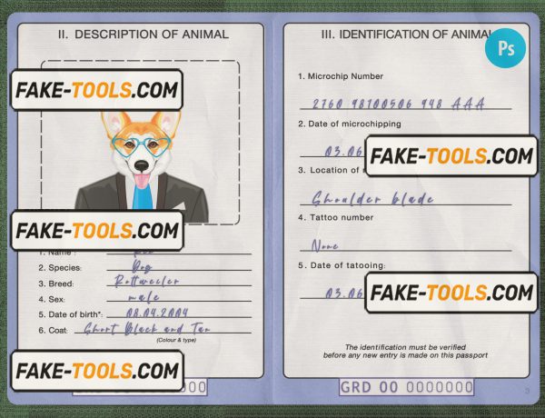 Grenada dog (animal, pet) passport PSD template, fully editable scan effect