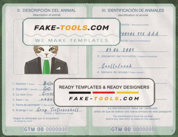 Guatemala cat (animal, pet) passport PSD template, completely editable scan effect