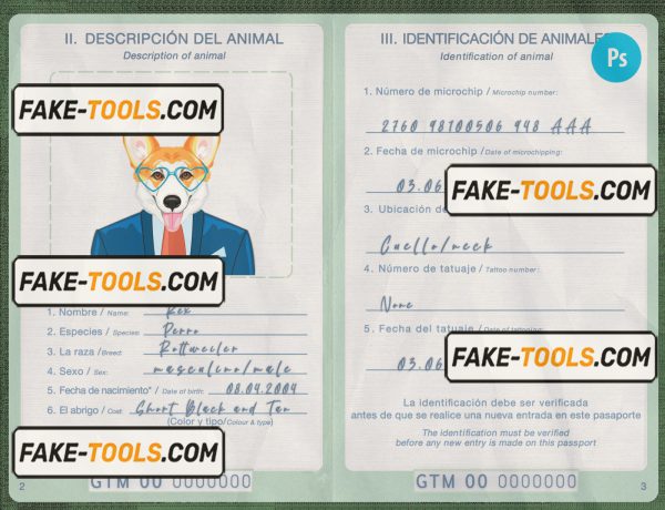 Guatemala dog (animal, pet) passport PSD template, fully editable scan effect