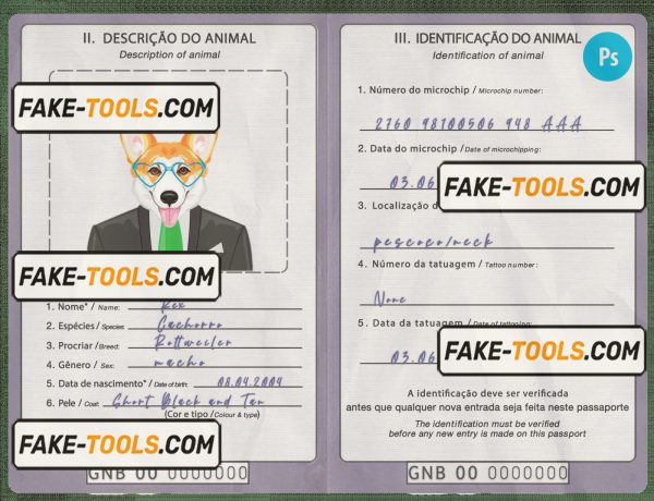 Guinea-Bissau dog (animal, pet) passport PSD template, fully editable scan effect
