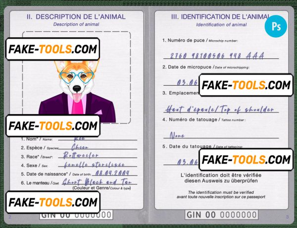 Guinea dog (animal, pet) passport PSD template, fully editable