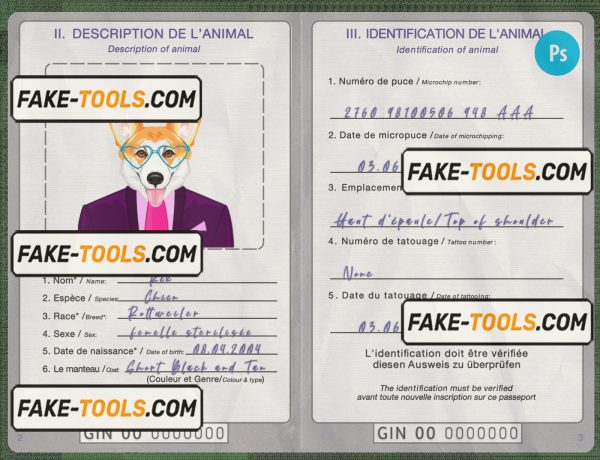 Guinea dog (animal, pet) passport PSD template, fully editable scan effect