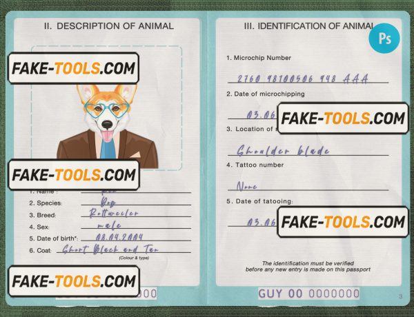 Guyana dog (animal, pet) passport PSD template, fully editable scan effect