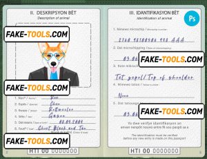 Haiti dog (animal, pet) passport PSD template, completely editable