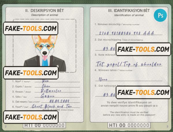 Haiti dog (animal, pet) passport PSD template, completely editable scan effect