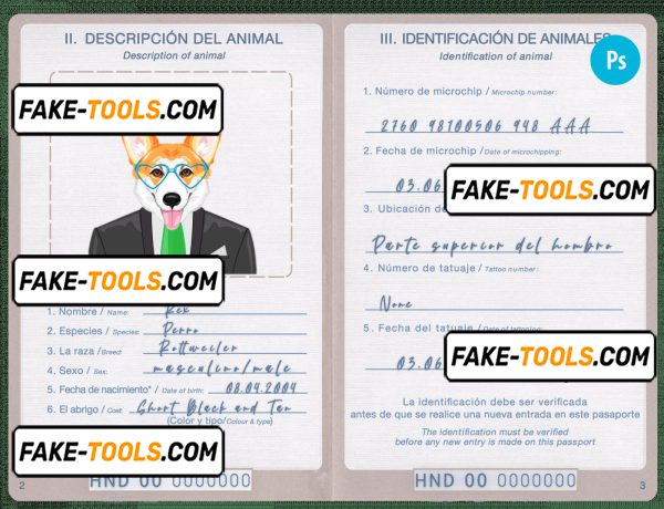 Honduras dog (animal, pet) passport PSD template, fully editable