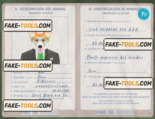 Honduras dog (animal, pet) passport PSD template, fully editable scan effect
