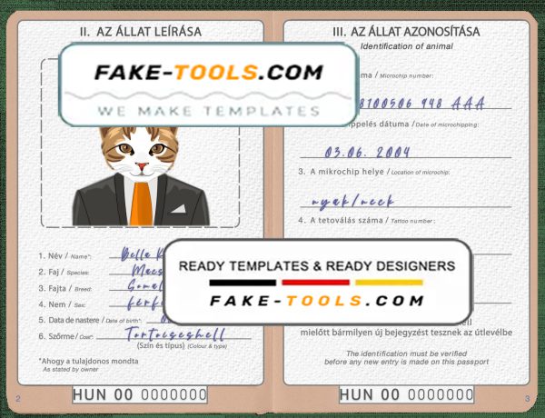 Hungary cat (animal, pet) passport PSD template, fully editable