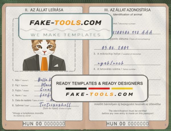 Hungary cat (animal, pet) passport PSD template, fully editable scan effect