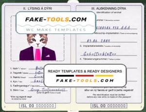 Iceland cat (animal, pet) passport PSD template, completely editable
