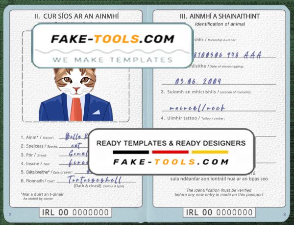 Ireland cat (animal, pet) passport PSD template, completely editable