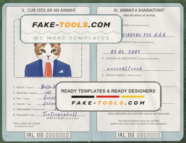 Ireland cat (animal, pet) passport PSD template, completely editable scan effect