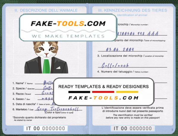 Italy cat (animal, pet) passport PSD template, fully editable
