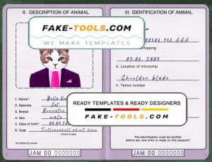 Jamaica cat (animal, pet) passport PSD template, completely editable