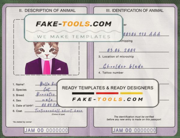 Jamaica cat (animal, pet) passport PSD template, completely editable scan effect